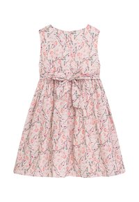 Ärmelloses Kleid mit Blumenmuster in hellrosa, mit gerafftem Bund und Schleifendetail an der Vorderseite. Aus weichem Stoff gefertigt.