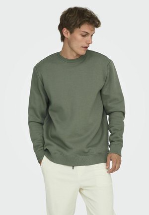 Sweatshirt vert à col rond en tissu doux, avec des manches longues, des poignets côtelés et une coupe décontractée, associé à un pantalon de couleur claire.