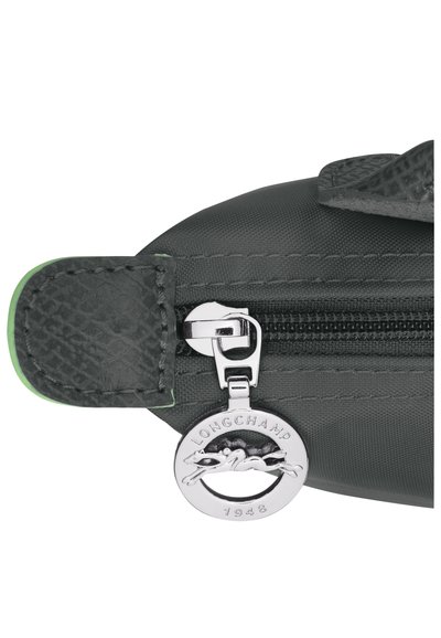 Gray nylon zipper pouch with green accent, featuring a silver zipper pull and logo tag with a stylized horse design.