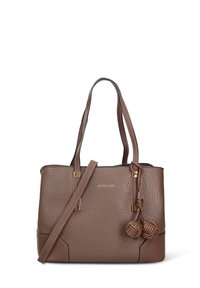 Bruine leren totebag met een gestructureerd oppervlak, twee handvatten, afneembare band, gouden metalen accenten en een decoratieve knoopdetail aan de zijkant.