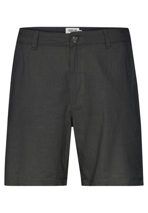 Dunkelgraue Shorts aus leichtem Material, mit Knopfverschluss, Fronttaschen und sauberer Nahtführung. Einfaches und gerades Bein-Design.