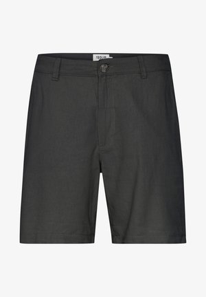 Dunkelgraue Shorts aus leichtem Material, mit Knopfverschluss, Fronttaschen und sauberer Nahtführung. Einfaches und gerades Bein-Design.