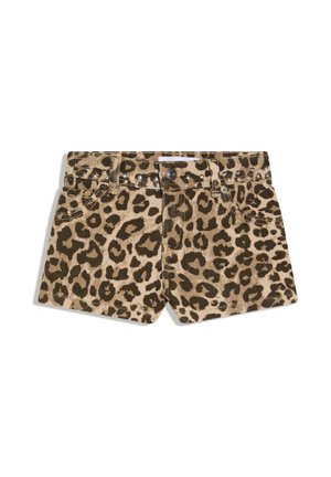 Leopárdmintás farmer rövidnadrág elülső gombbal, övbújtatókkal, két elülső zsebbel és dekoratív fém szegecsekkel a derékpánt mentén.