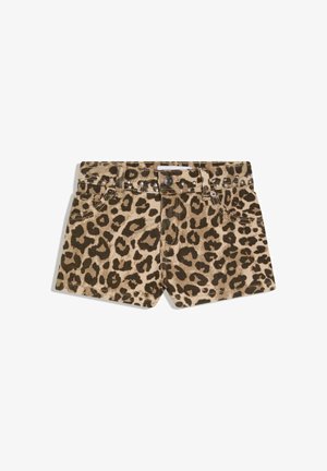 Leopárdmintás farmer rövidnadrág elülső gombbal, övbújtatókkal, két elülső zsebbel és dekoratív fém szegecsekkel a derékpánt mentén.