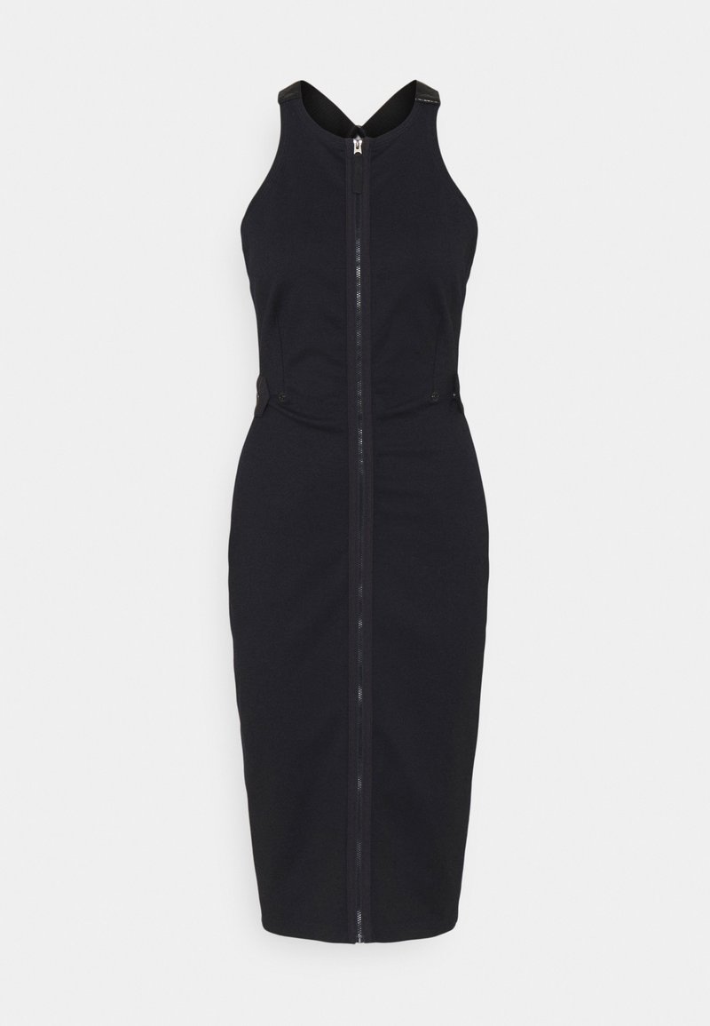 Robe midi noire sans manches avec fermeture éclair devant et taille ajustée, conçue avec un col haut et une silhouette simple et épurée.