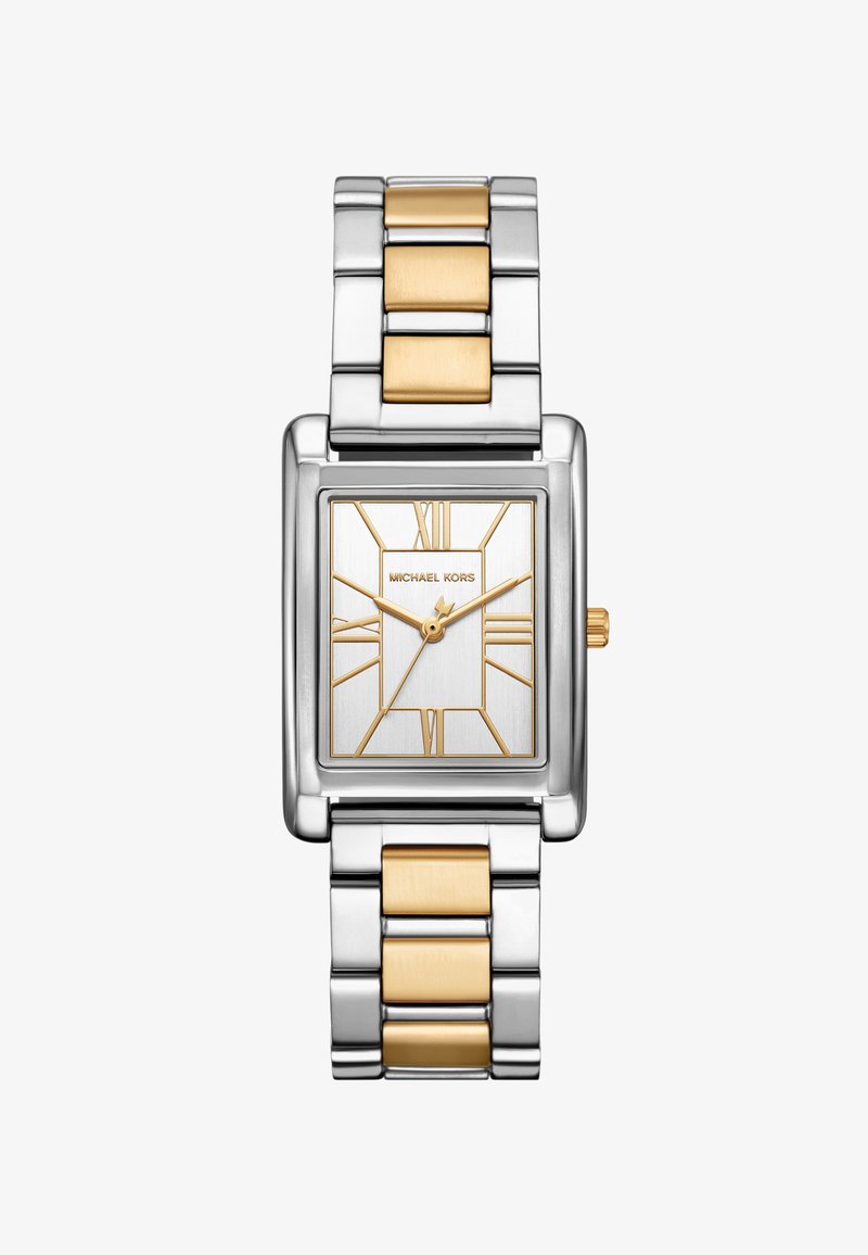 Montre-bracelet rectangulaire argent et or avec chiffres romains sur le cadran, aiguilles dorées et bracelet métallique bicolore.