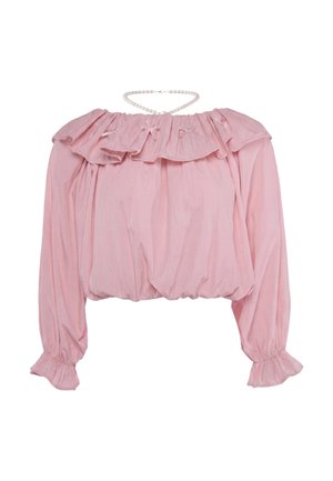 Light pink off-shoulder blouse with ruffled neckline, long puffed sleeves with ruffled cuffs, and a small pearl necklace above the neckline.