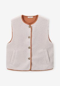 Gilet en polaire crème avec une surface texturée, bordure marron contrastante, col rond et fermeture à boutons sur le devant, comportant deux poches latérales.