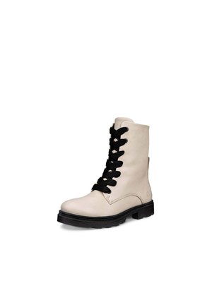 Bottine blanche en cuir avec des lacets noirs, bout arrondi et semelle en caoutchouc noire. Elle présente une texture lisse et un design minimaliste.