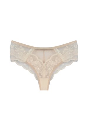 Beżowa damska bielizna koronkowa z kwiatowymi wzorami i falowanymi brzegami, zaprojektowana w stylu bikini o niskim stanie.