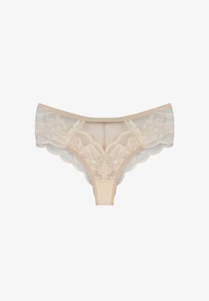 Beżowa damska bielizna koronkowa z kwiatowymi wzorami i falowanymi brzegami, zaprojektowana w stylu bikini o niskim stanie.