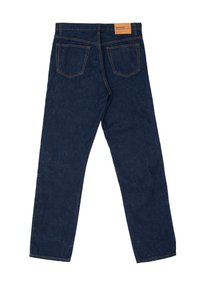 Dark blue denim jeans with a straight leg cut, five pockets, and orange stitching details. Leather label at the waistband.