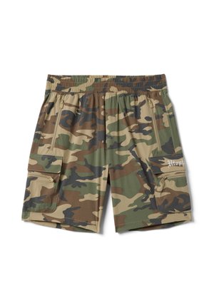 Heren camouflerende cargoshorts met elastische tailleband, twee zijzakken met rits en twee klepzakken, waarvan één met witte opdruk.