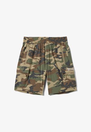 Heren camouflerende cargoshorts met elastische tailleband, twee zijzakken met rits en twee klepzakken, waarvan één met witte opdruk.