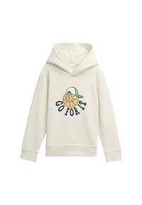 Felpa leggera color crema realizzata in materiale morbido, con una grafica di un personaggio dei cartoni animati che indossa un berretto e il testo "GO FOR IT" sottostante.