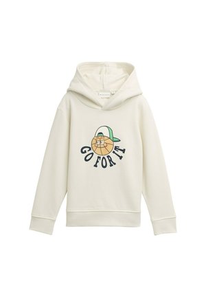 Felpa leggera color crema realizzata in materiale morbido, con una grafica di un personaggio dei cartoni animati che indossa un berretto e il testo "GO FOR IT" sottostante.
