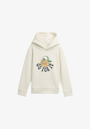 Svijetlo kremasta dukserica izrađena od mekog materijala, sa grafikom crtanog lika koji nosi bejzbol kapu i natpisom "GO FOR IT" ispod.