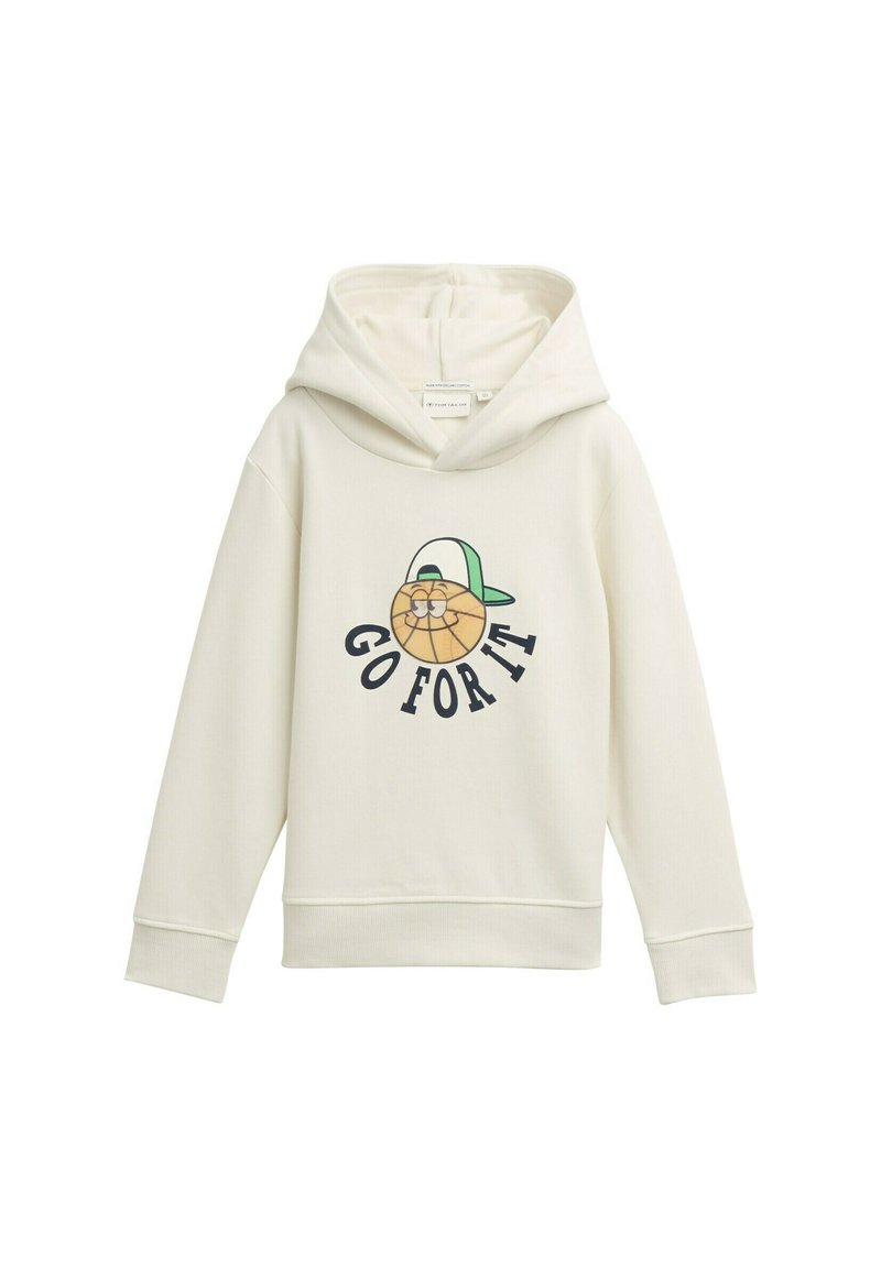Helles Creme-Hoodie aus weichem Material mit einem Grafikdruck eines Cartoon-Charakters, der eine Baseballmütze trägt, und dem Text "GO FOR IT" darunter.