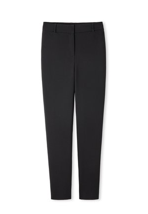 Pantaloni neri con una texture liscia, vestibilità slim, fronte piatto e passanti per la cintura. Il design è minimalista, senza motivi o dettagli visibili.