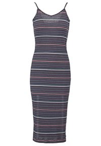 Robe midi en maille côtelée rayée avec fines bretelles spaghetti, présentant des rayures horizontales bleu marine, rose et blanches. Texture lisse, silhouette ajustée.