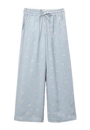 Pantalon large à rayures verticales bleu clair et blanc avec une taille élastique, un cordon de serrage, et un petit motif de marguerites jaunes brodées.