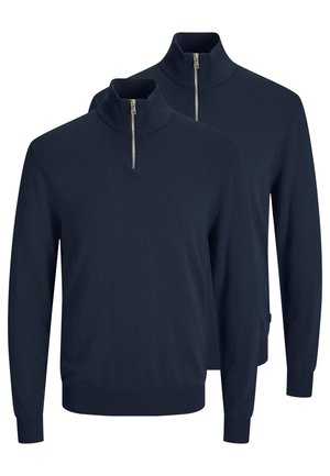Zwei marineblaue Pullover mit langen Ärmeln, halben Reißverschlüssen vorne und gerippten Bündchen sowie Saum, auf weißem Hintergrund dargestellt.