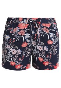 Mörkblå shorts med rosa, röda och vita blommönster, elastisk midja och snörning framtill.