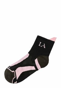 Black and pink ankle sock with a patterned design featuring a pink toe and accents, and the letters "LA" in pink on the outer side.