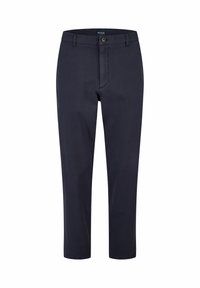 Marineblauwe broek met een rechte pasvorm, gemaakt van textuurstof. Voorzien van een sluiting met knoop aan de voorkant en riemlussen, zonder extra patronen.
