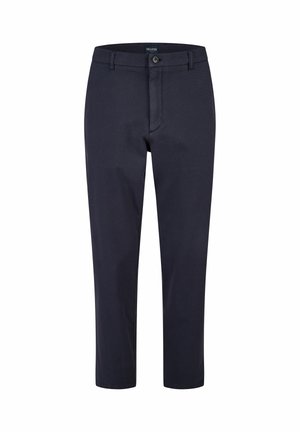 Marineblaue Hose mit geradem Schnitt, aus strukturiertem Stoff. Mit einer Knopfverschluss vorne und Gürtelschlaufen, ohne zusätzliche Muster.