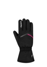Guante de invierno negro con un acento rosa y detalles de cuero; presenta una textura acolchada y un puño elástico para un ajuste ceñido.
