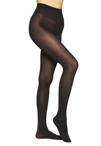 Medias opacas negras con una textura suave, diseño de cintura alta y acabado sin costuras, que muestran una silueta elegante desde la cintura hasta el tobillo.