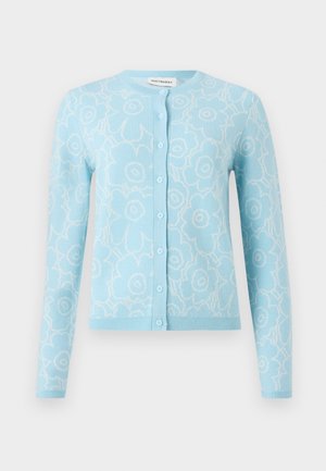 Light blue cardigan with white floral pattern, long sleeves, round neckline, front button closure, and ribbed hem and cuffs.