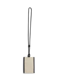 Μπεζ ορθογώνιο τσαντάκι με μαύρο περίγραμμα, συνδεδεμένο σε μακρύ μαύρο ρυθμιζόμενο κορδόνι με γλαστρούλα για ρύθμιση.