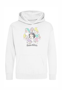 Bílá mikina s kapucí, která zobrazuje sněhurku obklopenou sedmi trpaslíky. Design využívá pastelové barvy pro postavy.