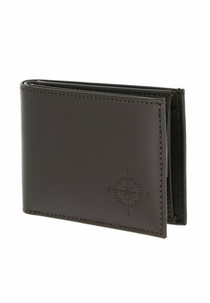 Dark brown leather bifold wallet with stitched edges and embossed compass design on the front, angled slightly open on white background.