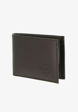 Dark brown leather bifold wallet with stitched edges and embossed compass design on the front, angled slightly open on white background.