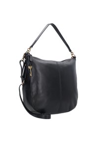Sac à épaule en cuir noir avec une texture douce, doté d'une anse supérieure unique, d'une bandoulière ajustable et d'accents en laiton.