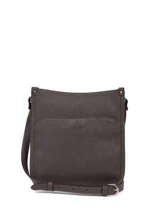 Borsa a tracolla grigia in pelle con design piatto, dotata di tasca frontale e tracolla regolabile. Texture liscia e minimi dettagli in metallo.