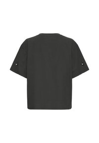 Gray, short-sleeve t-shirt with a relaxed fit. Notable details include a small embroidered accent on the sleeve and a crew neckline.