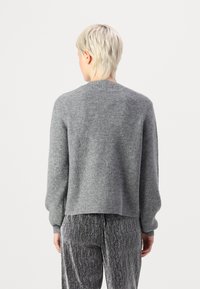 Hallide ribaga kootud sviiter, millel on pikad varrukad, ümar kaelus ja mugav lõige. Tekstuur näeb välja pehme ja soe, koos läikivate, mustriliste pükstega.