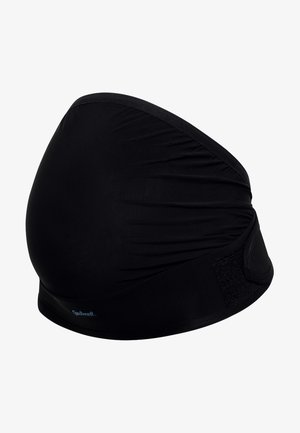 Zwarte zwangerschapsband gemaakt van rekbare stof, met een gladde textuur en een verstelbare klittenbandsluiting aan de zijkant voor een veilige pasvorm.