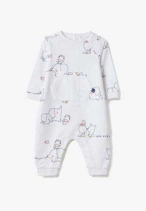 Weißer Baby-Strampler aus Baumwolle mit verspielten Tierillustrationen, ausgestattet mit langen Ärmeln, einer Fronttasche und Druckknöpfen an den Beinen.