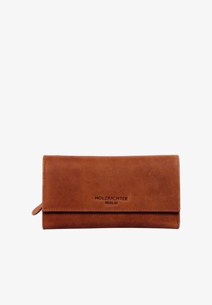 Braune Lederbrieftasche mit glatter Oberfläche, rechteckiger Form, genähten Kanten und dem eingeprägten Markennamen "HOLZRICHTER BERLIN" auf der Vorderseite.