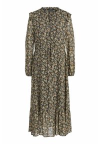 Robe à manches longues à imprimé floral avec une taille cintrée, un col volanté et un ourlet à volants. Le tissu présente de petites fleurs multicolores sur un fond sombre.