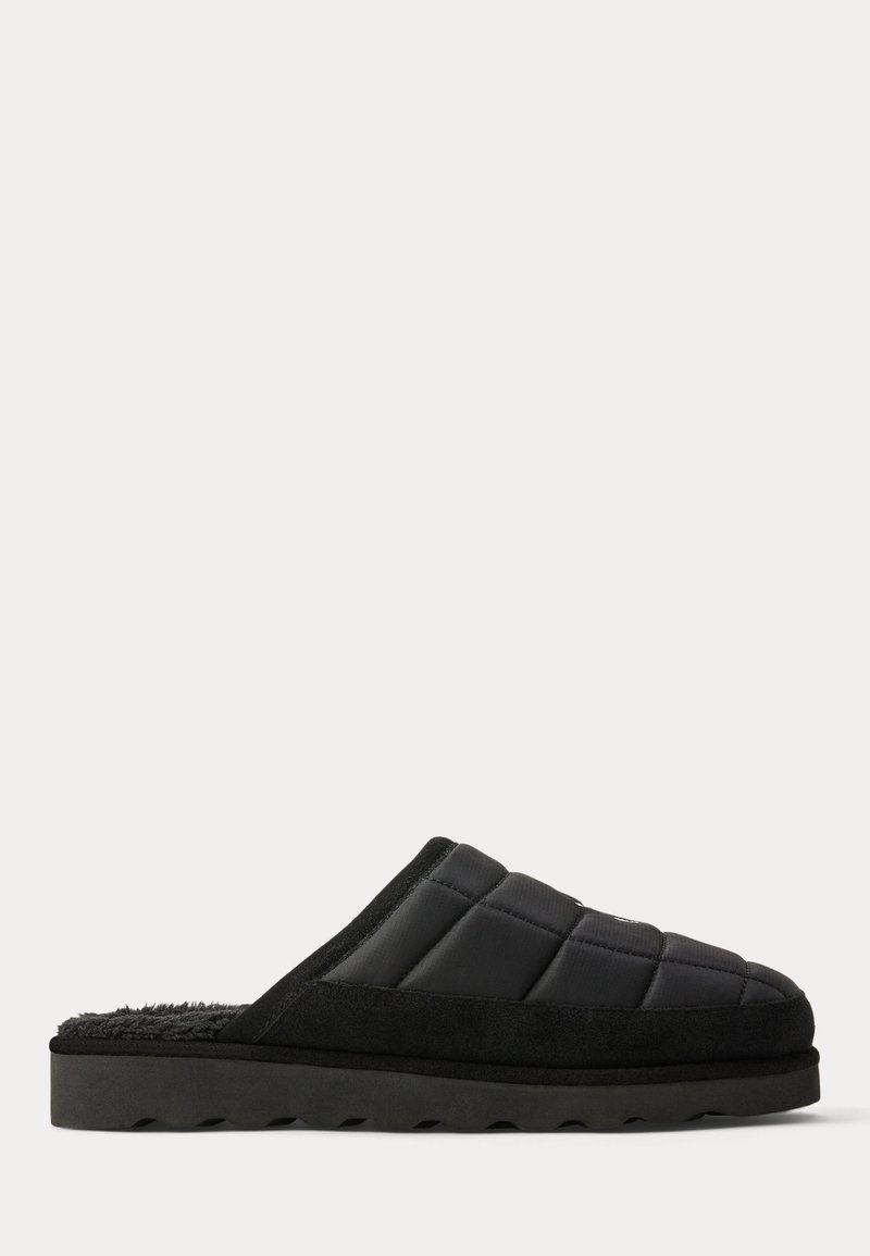 Black slip-on slipper with quilted upper, plush interior lining, and thick rubber sole with tread pattern.