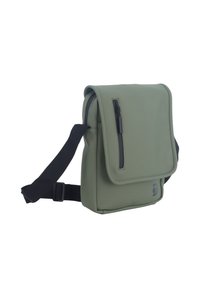Borsa a tracolla verde, impermeabile, in materiale sintetico con coperchio a patta, tasca frontale con zip e tracolla regolabile per indossarla a croce.
