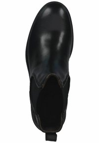 Bottes en cuir noir à la cheville avec une texture lisse, un bout arrondi, des panneaux latéraux élastiques et une languette au talon.