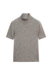 Light gray short-sleeve turtleneck top made of soft fabric, featuring a fitted neck and smooth texture, with minimal stitching details.