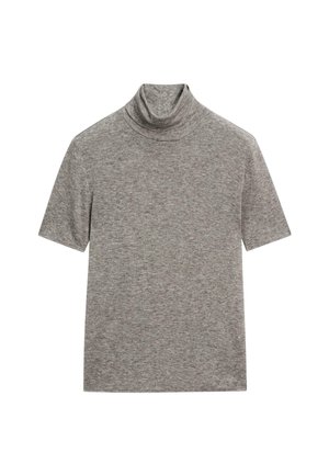 Light gray short-sleeve turtleneck top made of soft fabric, featuring a fitted neck and smooth texture, with minimal stitching details.